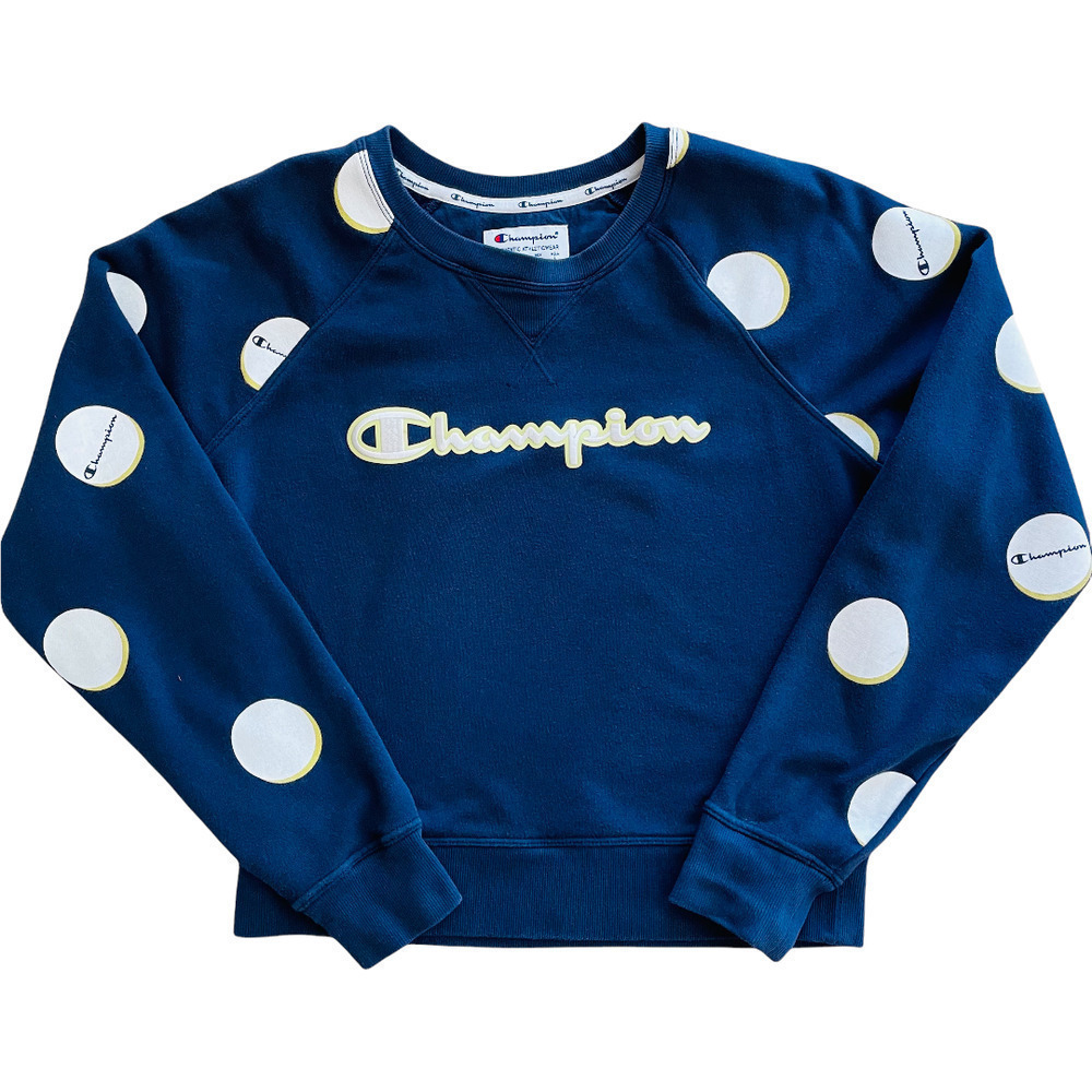 🍀CHAMPION Navy White Polka Dot Logo Crewneck Sweatshirt Women’s Sz Medium